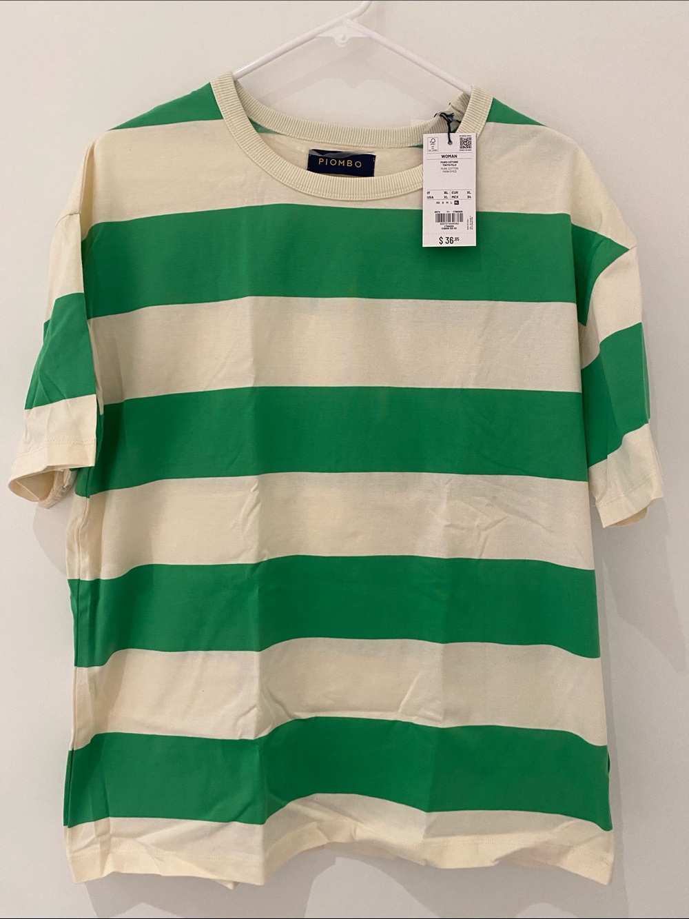 NWT Piombo Short Sleeve Crew Neck Striped Tee/T-Shirt Green and Cream XL